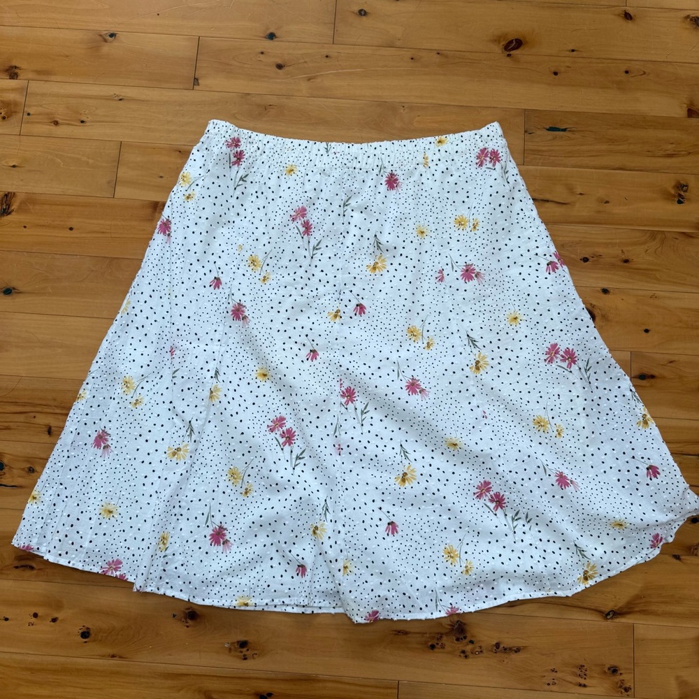 Floral Polka Dot A-Line Skirt - White with Pink & Yellow Flowers